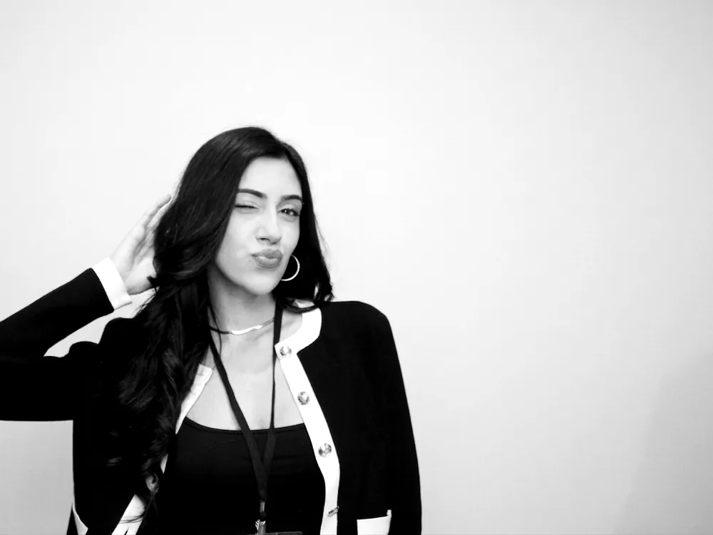 Black and white studio portrait taken in the photo booth