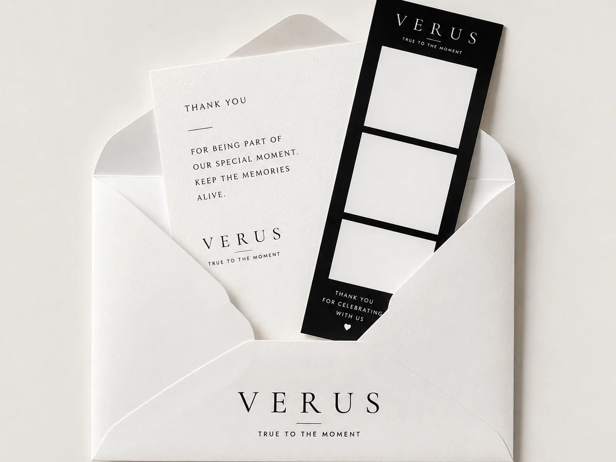 Verus Studios keepsake envelope with a thank-you card and photo strip holder